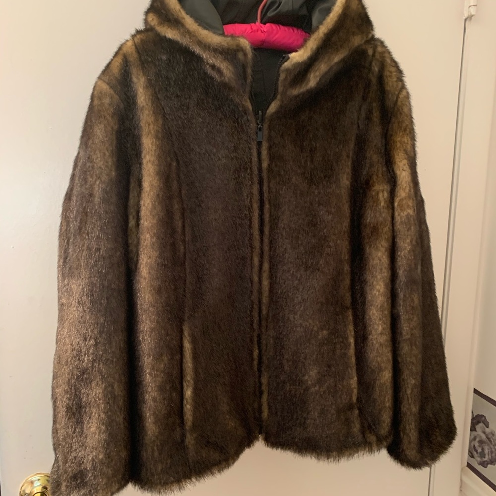 Brown Faux Fur Short Jacket With Hood